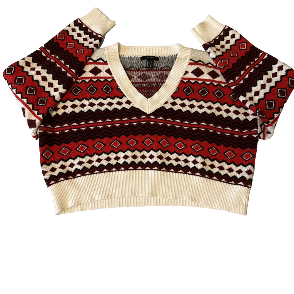 Forever 21 Fair Isle Red Cropped V Neck Knit Sweater Womens M Aztec Boho Holiday